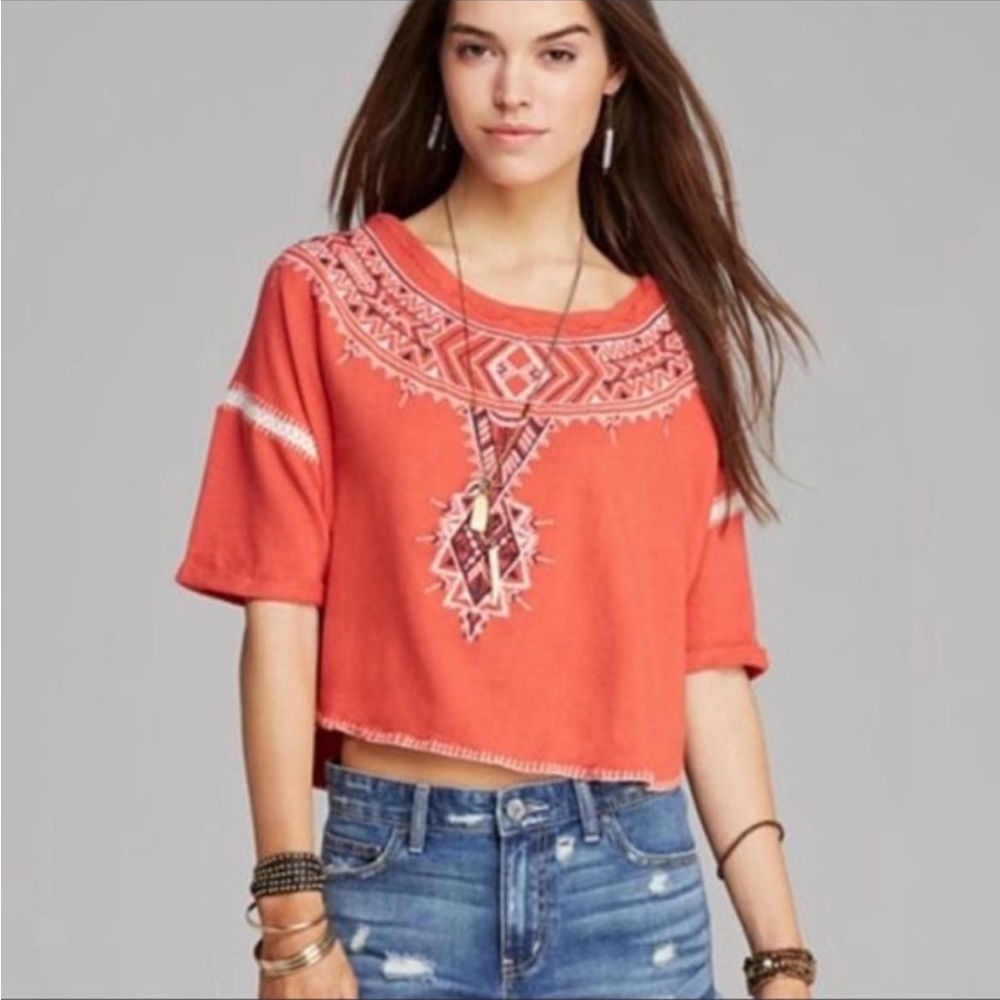 Free People Coral Embroidered Cropped Top
